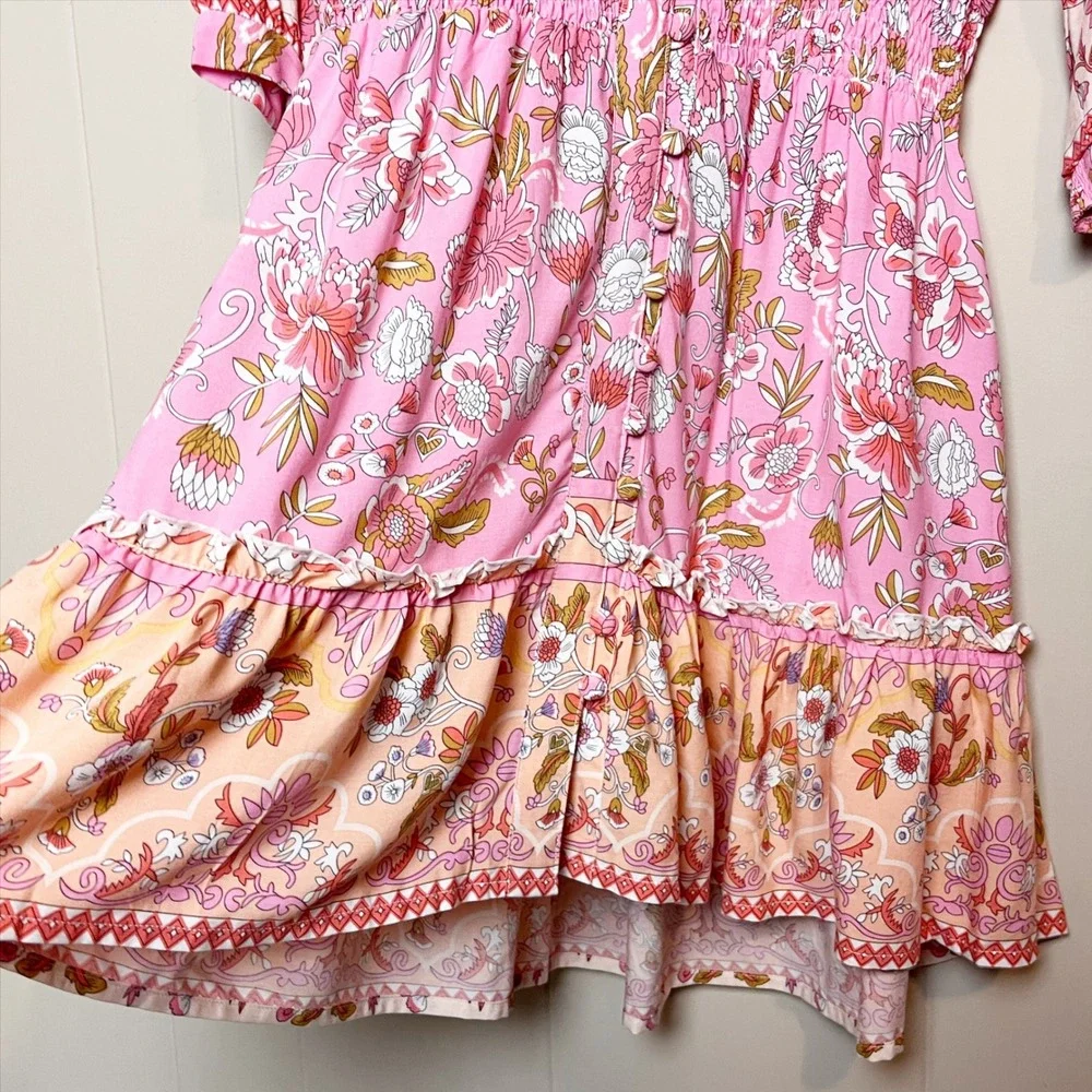 Walker & Wade Kelsey Mini Dress Medium Pink Floral Smocked Waist Beach Coverup